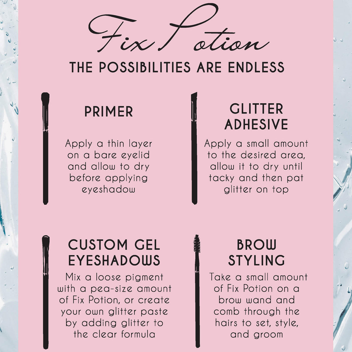 Anleitung mit vier Verwendungsmöglichkeiten für Mini Fix Potion: als Grundierung, Glitzerkleber, zum Erstellen individueller Gel-Lidschatten und zum Augenbrauen-Styling.