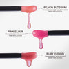 Drei Farbproben von Mesauda Beauty's LIPOILOGY™ - Peach Blossom, Pink Elixir und Ruby Fusion - zeigen Pfirsich-, Pink- und Beerentöne.