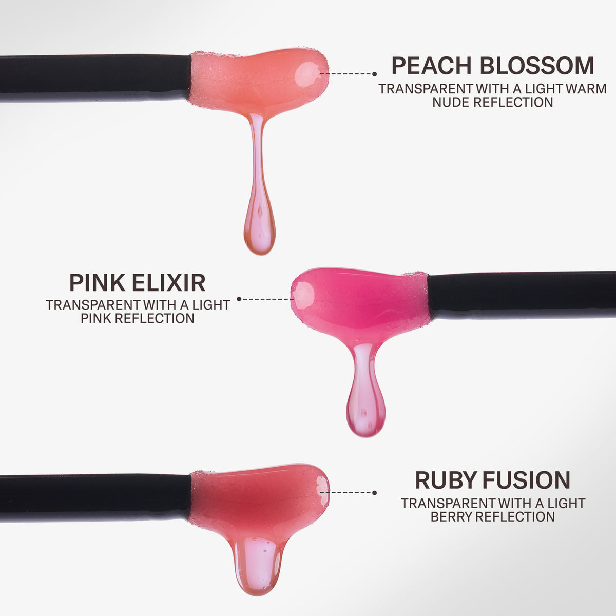 Drei Farbproben von Mesauda Beauty's LIPOILOGY™ - Peach Blossom, Pink Elixir und Ruby Fusion - zeigen Pfirsich-, Pink- und Beerentöne.