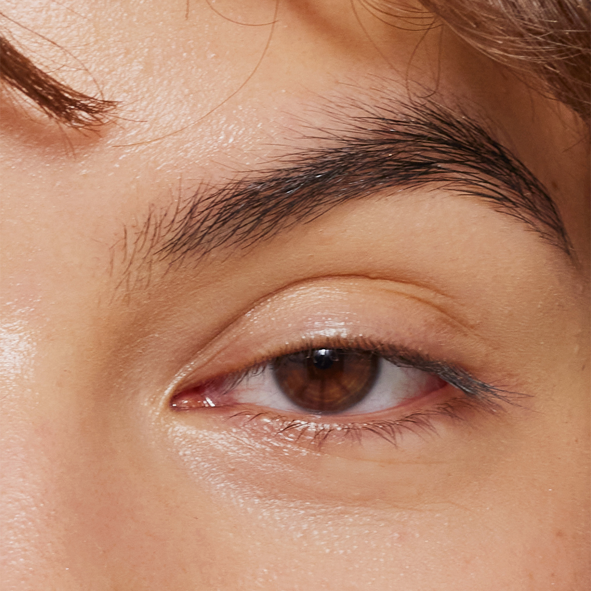 Nahaufnahme eines menschlichen Auges und einer Augenbraue, die mit Brow Booster behandelt wurden.