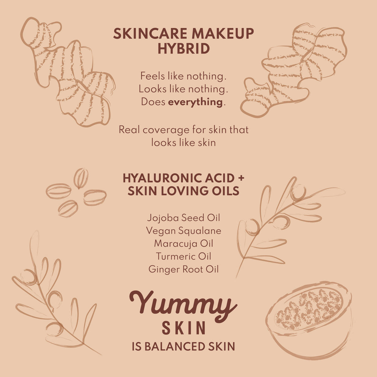 Vorteile der Yummy Skin Serum Foundation auf beigem Hintergrund.