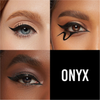 Drei Nahaufnahmen von Augen mit kühnen schwarzen Eyeliner-Styles, die mit Linework Onyx von Danessa Myricks Beauty kreiert wurden.
