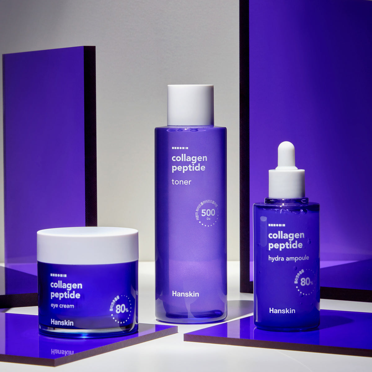 Die lila Hanskin Collagen Peptide Hydra Ampoule, die Eye Cream und der Toner werden vor violetten Glasflächen präsentiert.