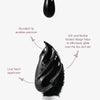 Nahaufnahme des Tropfenförmigen Applikators von Shadow Potion Paint Black Base Eclipse mit schwarzer Textur und beschrifteten Details auf weißem Hintergrund.