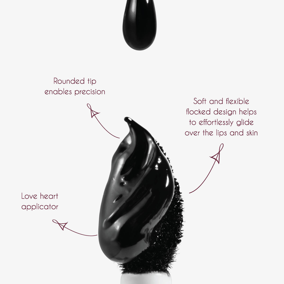 Nahaufnahme des Tropfenförmigen Applikators von Shadow Potion Paint Black Base Eclipse mit schwarzer Textur und beschrifteten Details auf weißem Hintergrund.