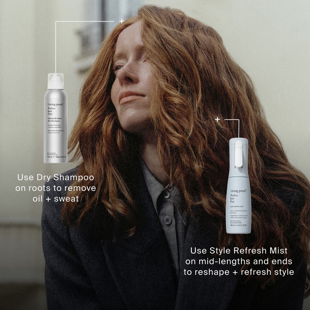 Frau mit langem Haar, daneben Trockenshampoo und Refresh Spray mit Anwendungstipps für Ansatz und Längen
