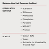 Textgrafik für OLAPLEX Rich Hydration Mask: Frei von SLS/SLES, Parabenen, Phosphaten, Phthalaten, Silikonen, MIC/MIT, Protein; vegan und sicher für farbbehandeltes Haar.