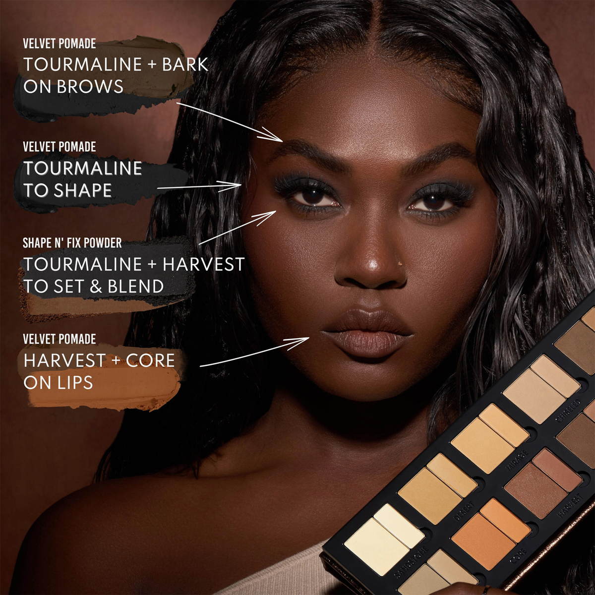 Eine Frau mit kräftigen Augenbrauen und neutralem Make-up präsentiert ihren Look mit der Danessa Myricks Beauty Groundwork Palette - Defining Neutrals, wobei die Produktetiketten die Palette hervorheben.