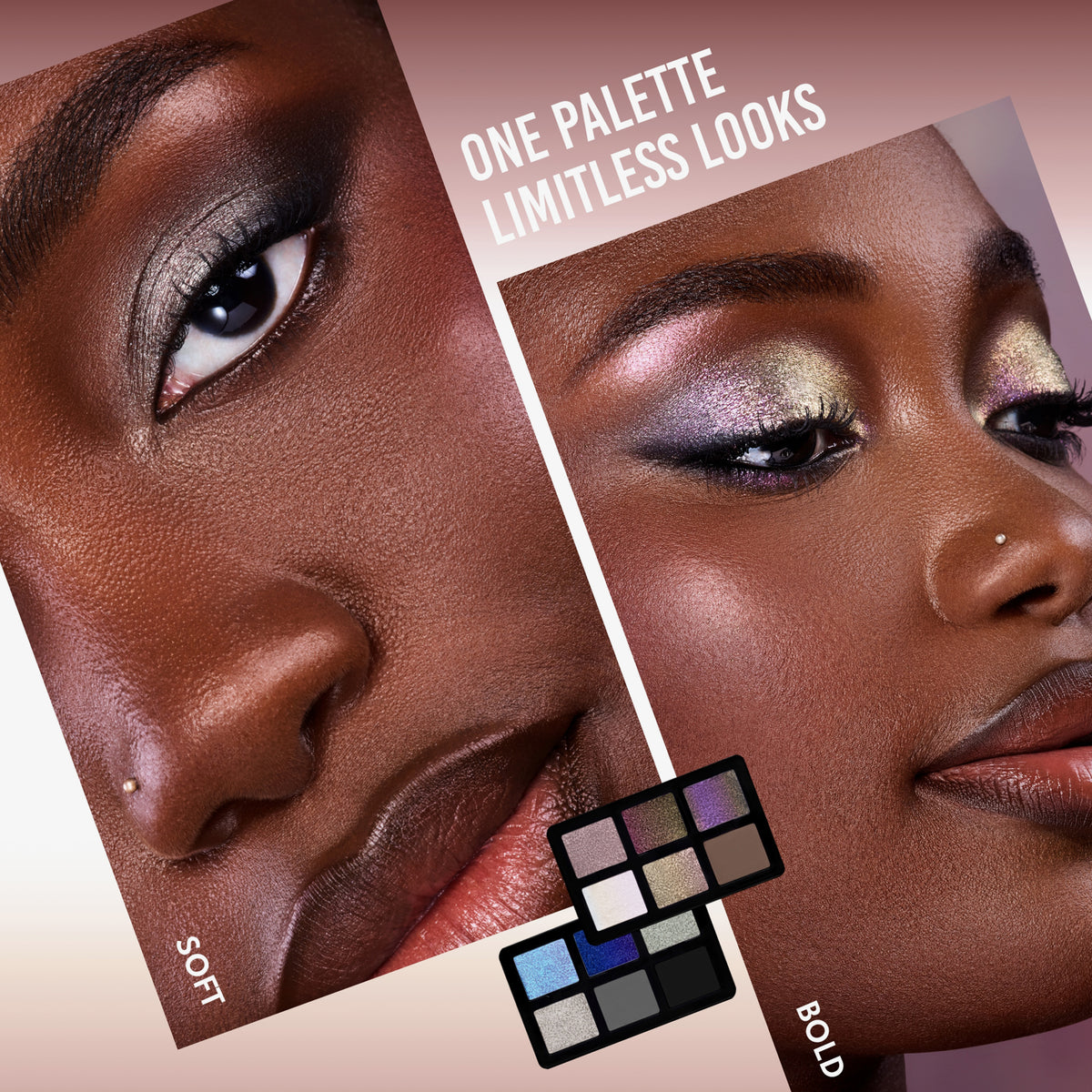 Zwei Eye-Make-up-Looks mit der Lightwork VII Palette: links ein dezenter grauer Look, rechts ein auffälliger irisierender Pastell-Look.
