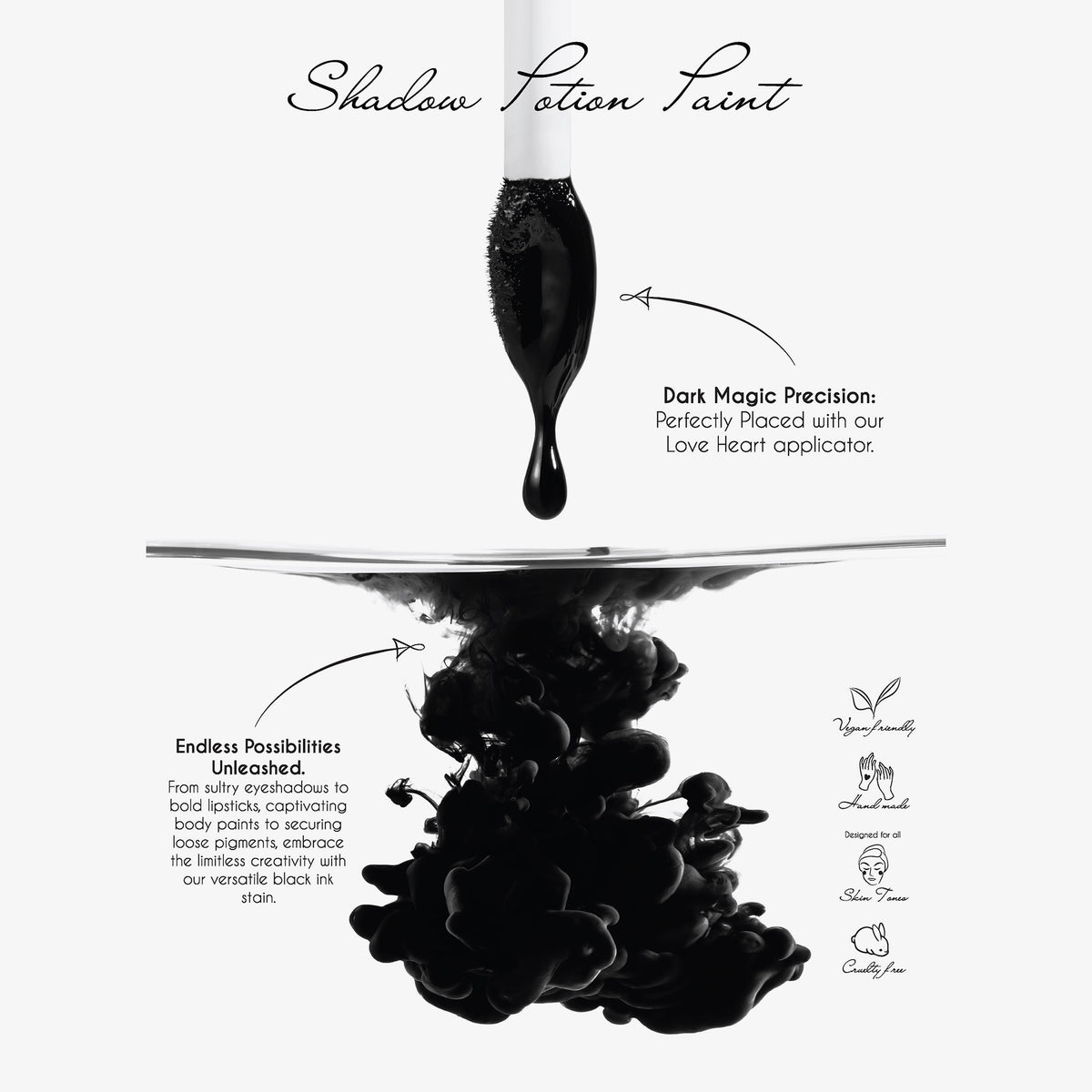 Ein Tropfen Shadow Potion Paint Black Base Eclipse fällt von einem Applikator ins Wasser und bildet wirbelnde schwarze Tintenwolken.
