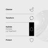 Hautpflegeroutine in 4 Schritten: Cleanse, Transform, Hydrate (Overnight Lip Treatment), Protect. Textur rechts abgebildet.