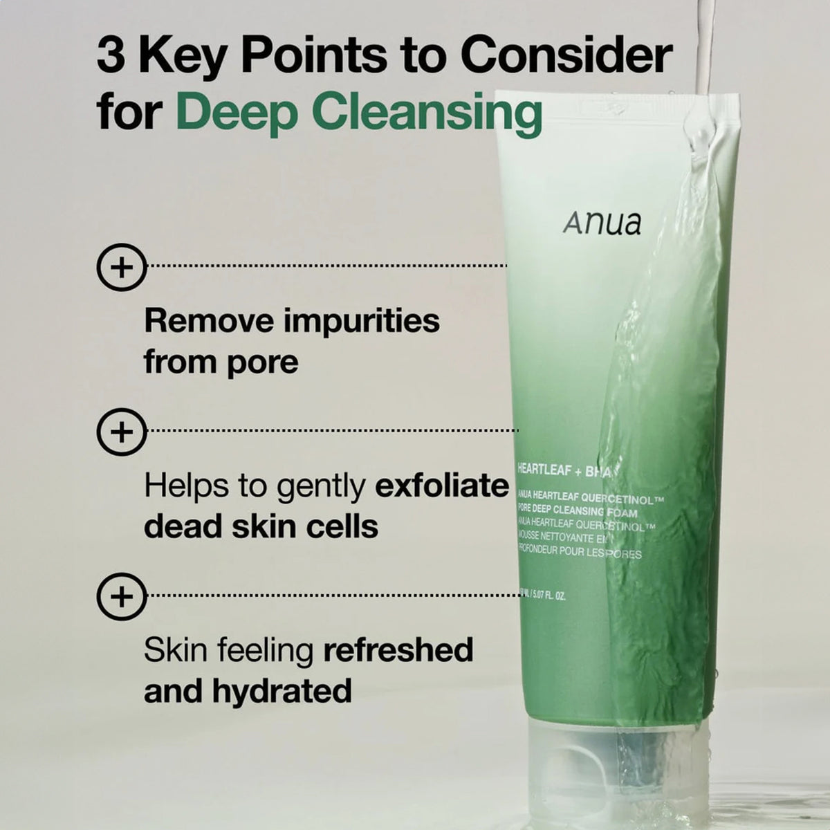 Textgrafik zeigt 3 Vorteile des Deep Cleansing mit Anua-Schaumreiniger: porentiefe Reinigung, sanftes Peeling und ein erfrischtes Hautgefühl.