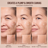 Drei nebeneinander liegende Nahaufnahmen zeigen, wie sich die Haut nach dem Auftragen von Danessa Myricks Beauty Yummy Skin 10/10 Barrier Boost von nackt zu feucht und dann glatt mit Make-up verwandelt.