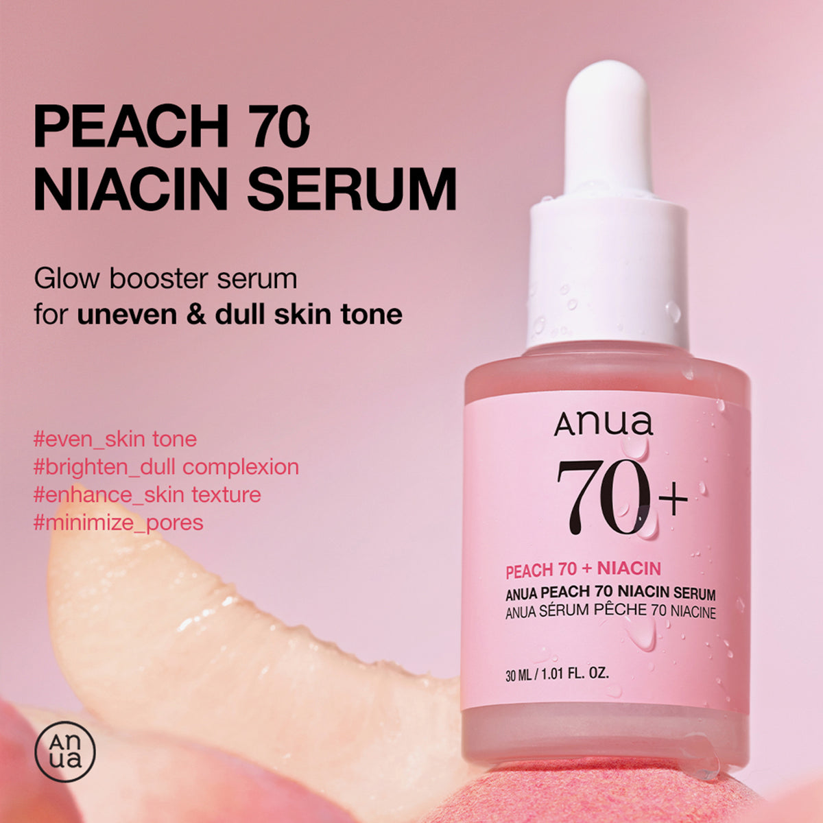 Anua Peach 70+ Niacin Serum vor rosa Hintergrund mit Pfirsichstücken – beworben als Glow-Booster für ungleichmäßigen, fahlen Teint.