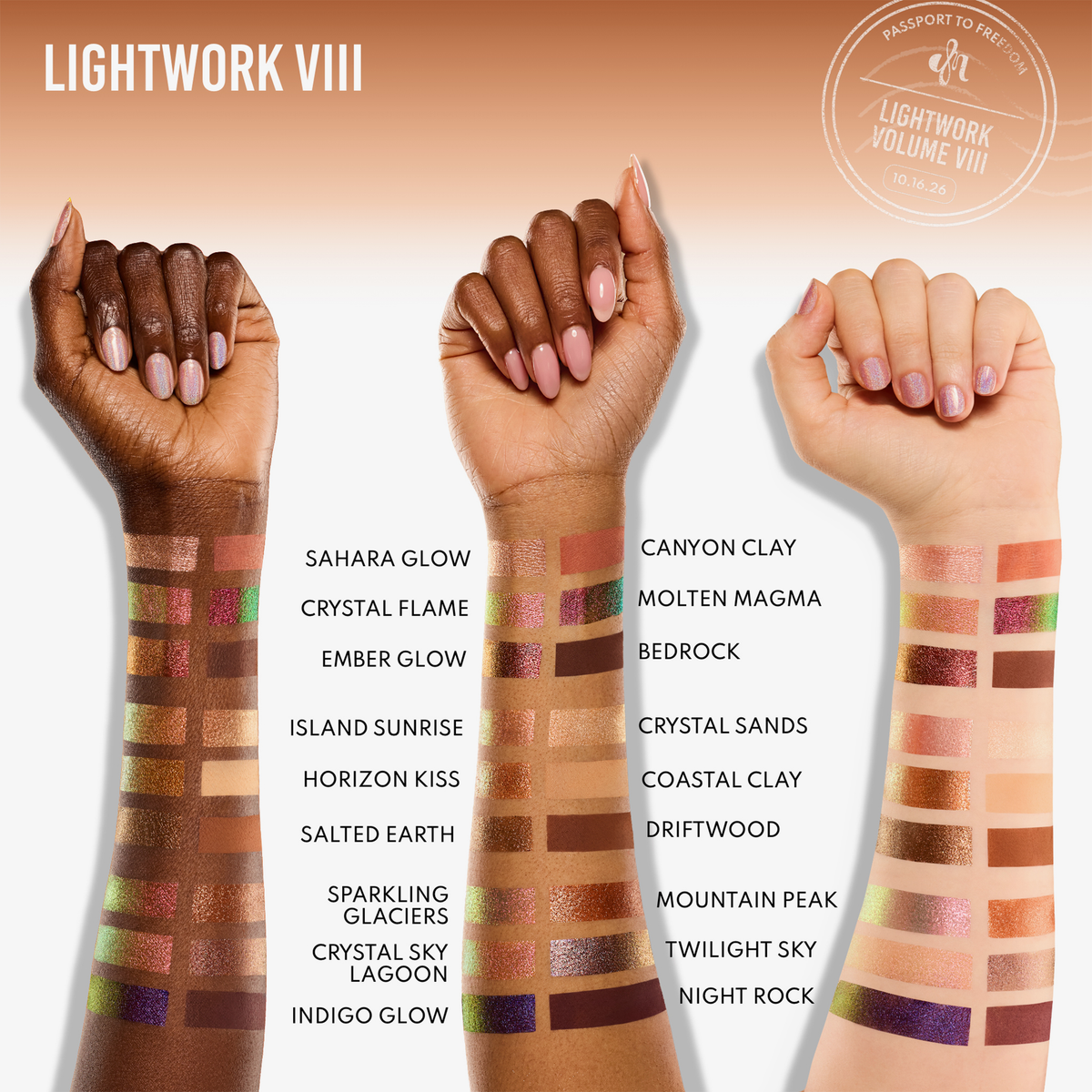 Auf drei Armen sind Farbmuster des Lidschattens Lightwork Palette VIII Freedom Palette zu sehen, wobei die Farbnamen neben jeder Reihe aufgeführt sind.