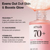 Eine Flasche Peach 70 % Niacinamide Serum mit den Produktvorteilen und Inhaltsstoffen daneben.