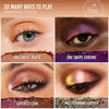 Vier Nahaufnahmen von Augen, die die Oberflächen matt, chrom, mehrschichtig und multichrom der Lightwork Palette VIII Freedom Palette zeigen.