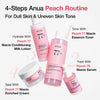 Anua Peach Routine in 4 Schritten mit Toner, Serum, Lotion und Creme – Pflegeroutine für fahle Haut und ungleichmäßigen Hautton.