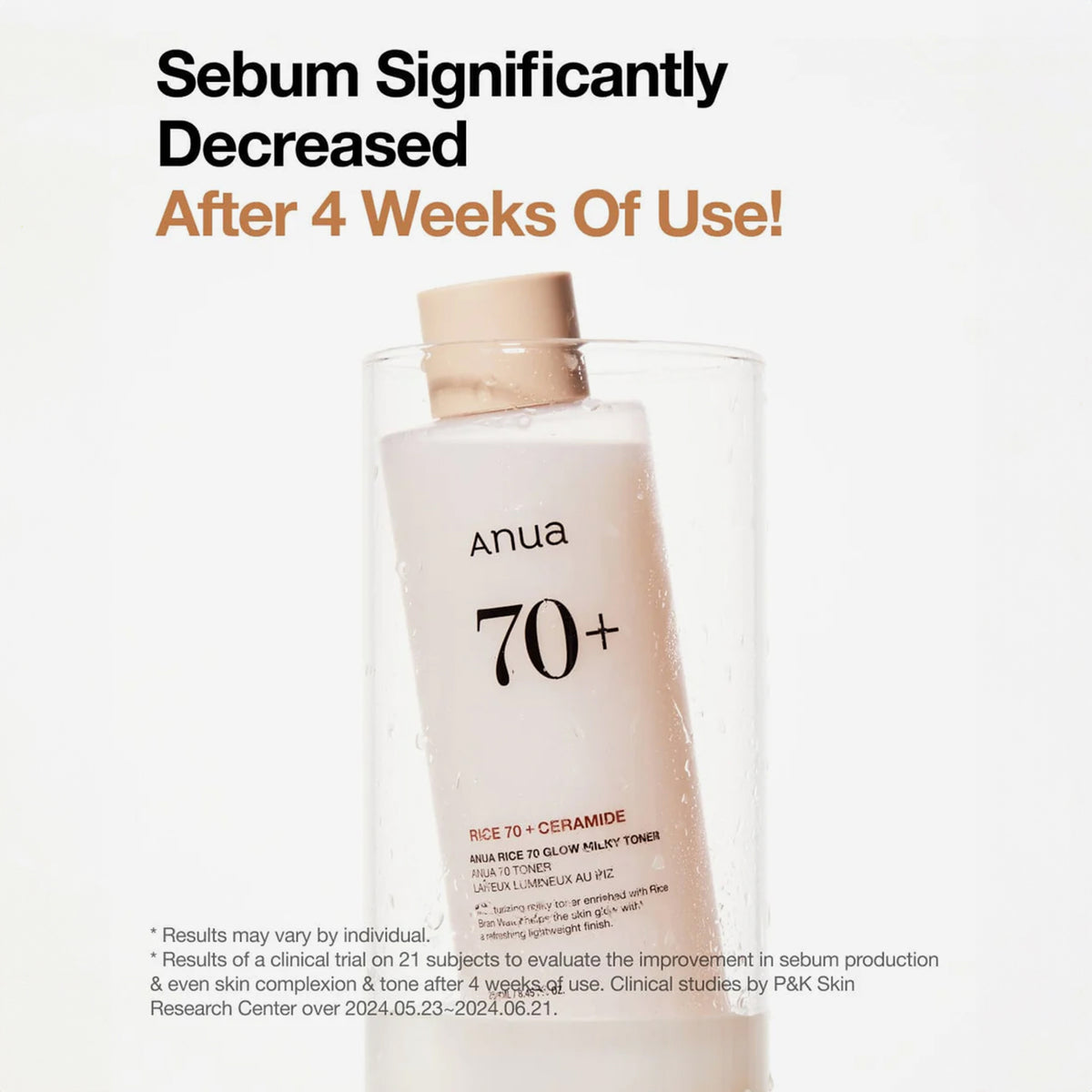 Flasche des Anua Rice 70+ Glow Milky Toners steht in einem Glas mit Wassertropfen, Text hebt Sebum-Reduktion nach 4 Wochen Anwendung hervor.