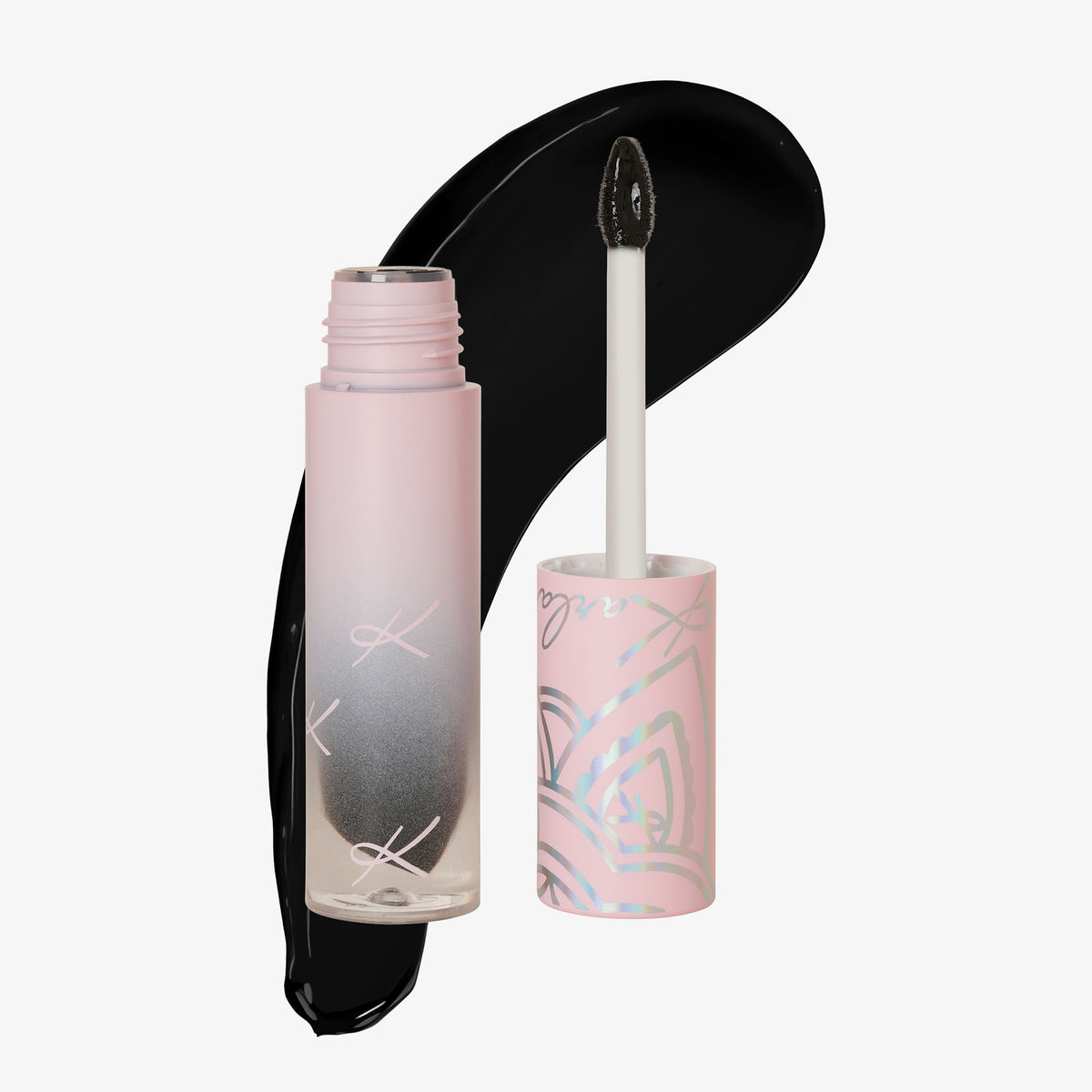 Shadow Potion Paint Black Base Eclipse mit dekorativer rosa Kappe, geöffnet neben einem schwarzen Farbmuster im Hintergrund.