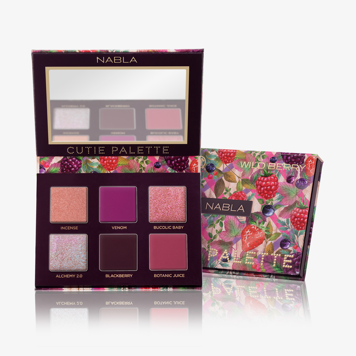 Offene NABLA Cutie Palette „Wild Berry“ mit sechs pink-lilanen Lidschatten und farbenfrohem Beeren-Design auf der Verpackung.
