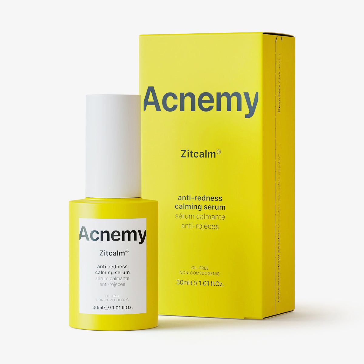 Gelbe Zitcalm Serum-Flasche und Verpackung vor weißem Hintergrund