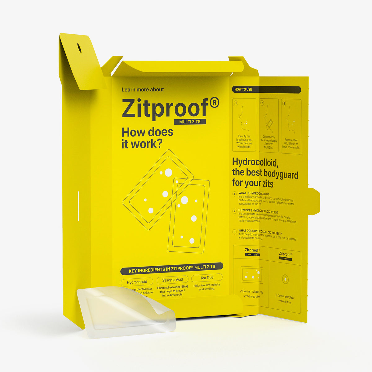 Eine offene gelbe Verpackung von Zitproof Multi-Use mit Abbildungen und Anleitungen, daneben ein gebogenes transparentes Patch.