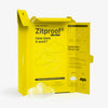 Geöffnete gelbe Verpackung von Zitproof Nose zeigt Inhaltstoffe und Gebrauchsanweisung, davor ein transparentes wolkenförmiges Patch
