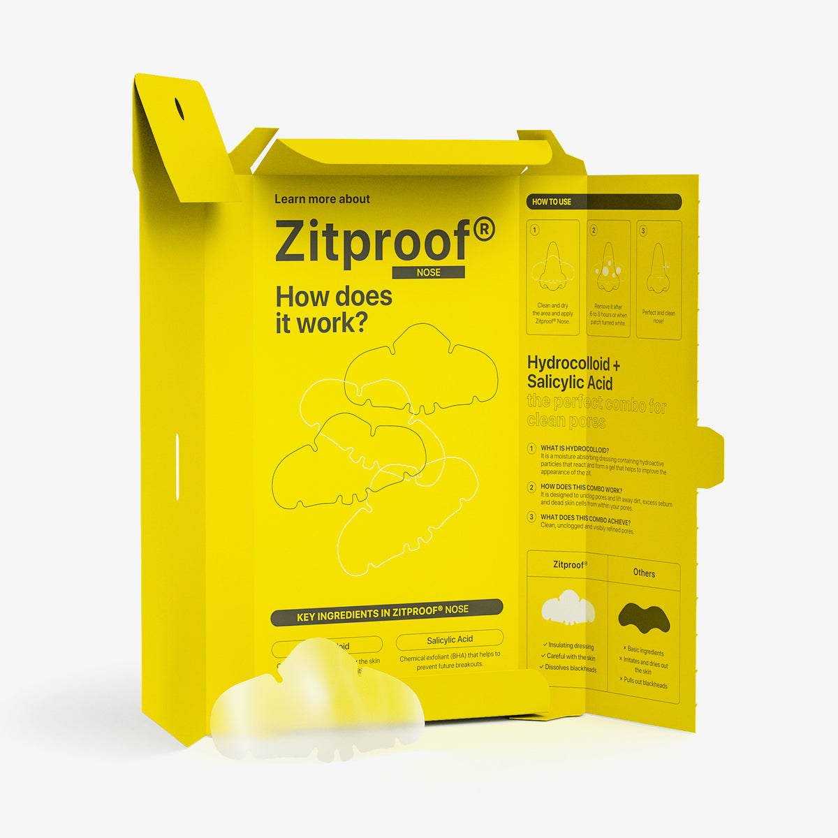 Geöffnete gelbe Verpackung von Zitproof Nose zeigt Inhaltstoffe und Gebrauchsanweisung, davor ein transparentes wolkenförmiges Patch
