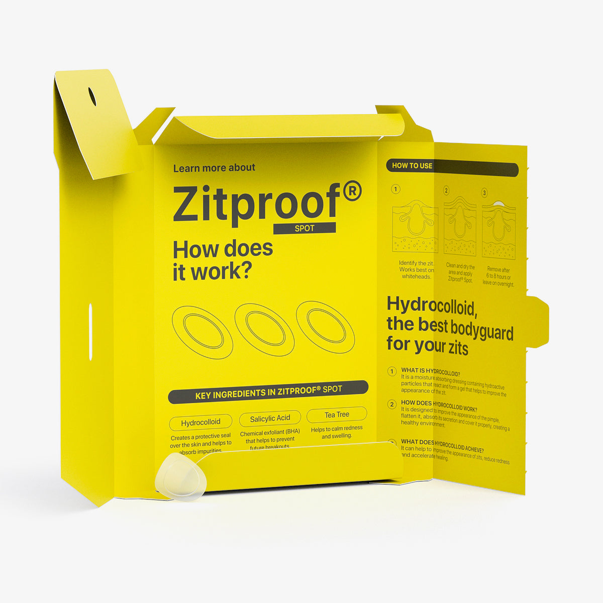 Geöffnete gelbe Verpackung von Zitproof Spot mit Abbildungen und Produktdetails, daneben ein transparentes rundes Pflaster