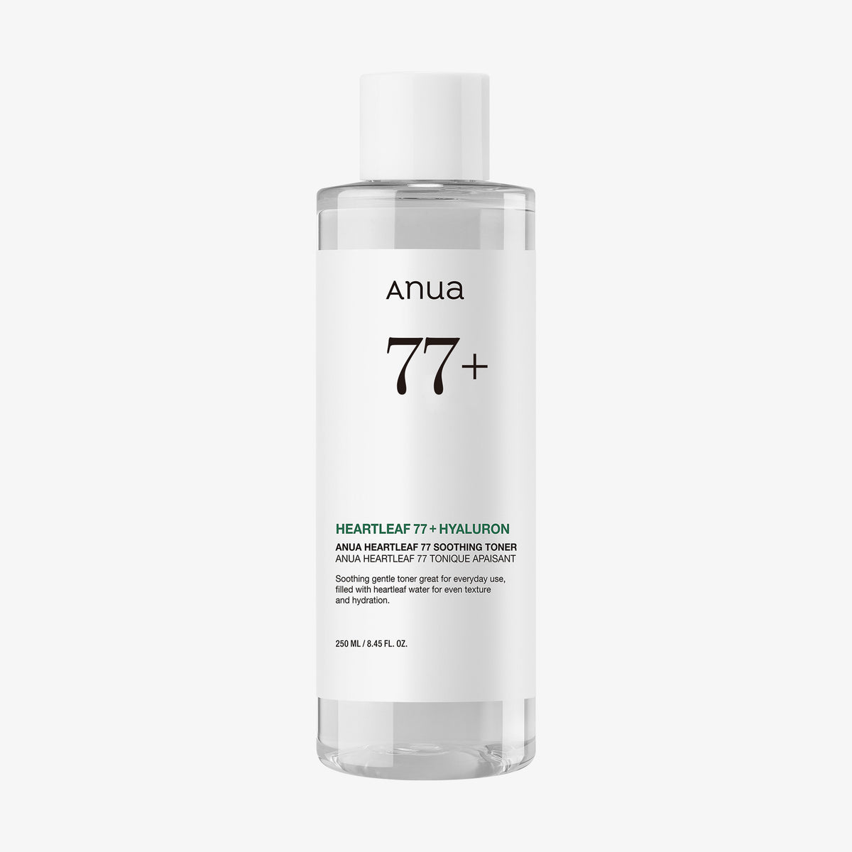 Klare Flasche Heartleaf 77 % Soothing Toner auf weißem Hintergrund.