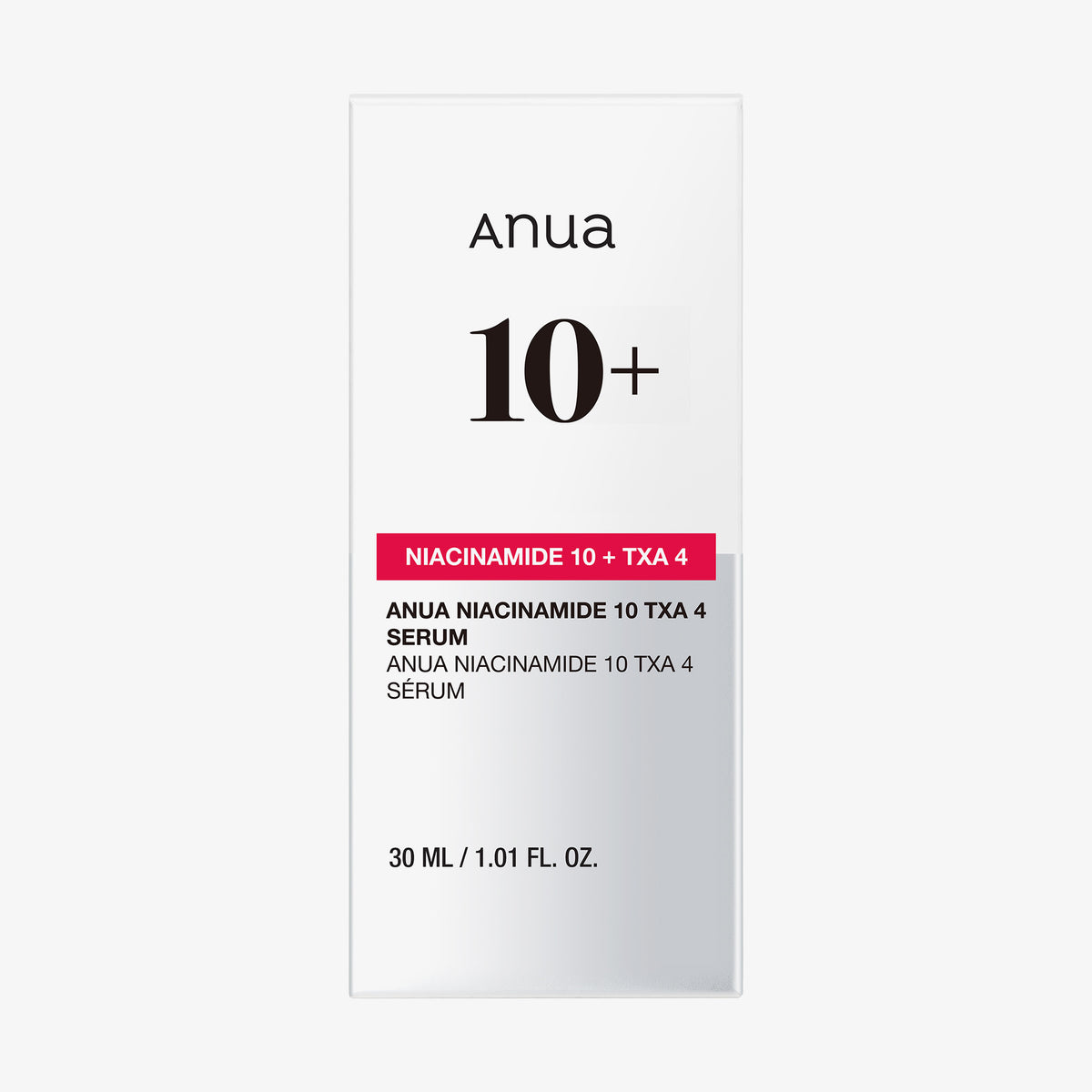 Weiße Schachtel mit Niacinamide 10 % + TXA 4 % Dark Spot Correcting Serum, 30 ml, Text in Schwarz und Rot.