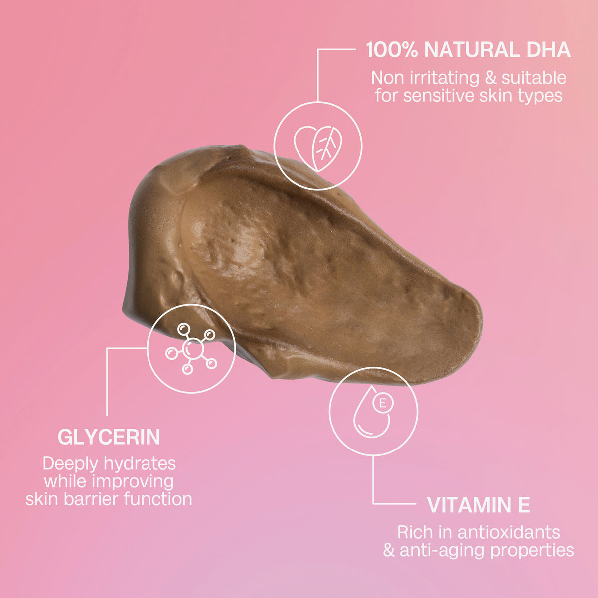 Ein Klecks des braunen „1 Hour Express“-Mousses auf rosa Hintergrund, die Inhaltsstoffe wie natürlichem DHA, Glycerin, Vitamin E hervorgehoben