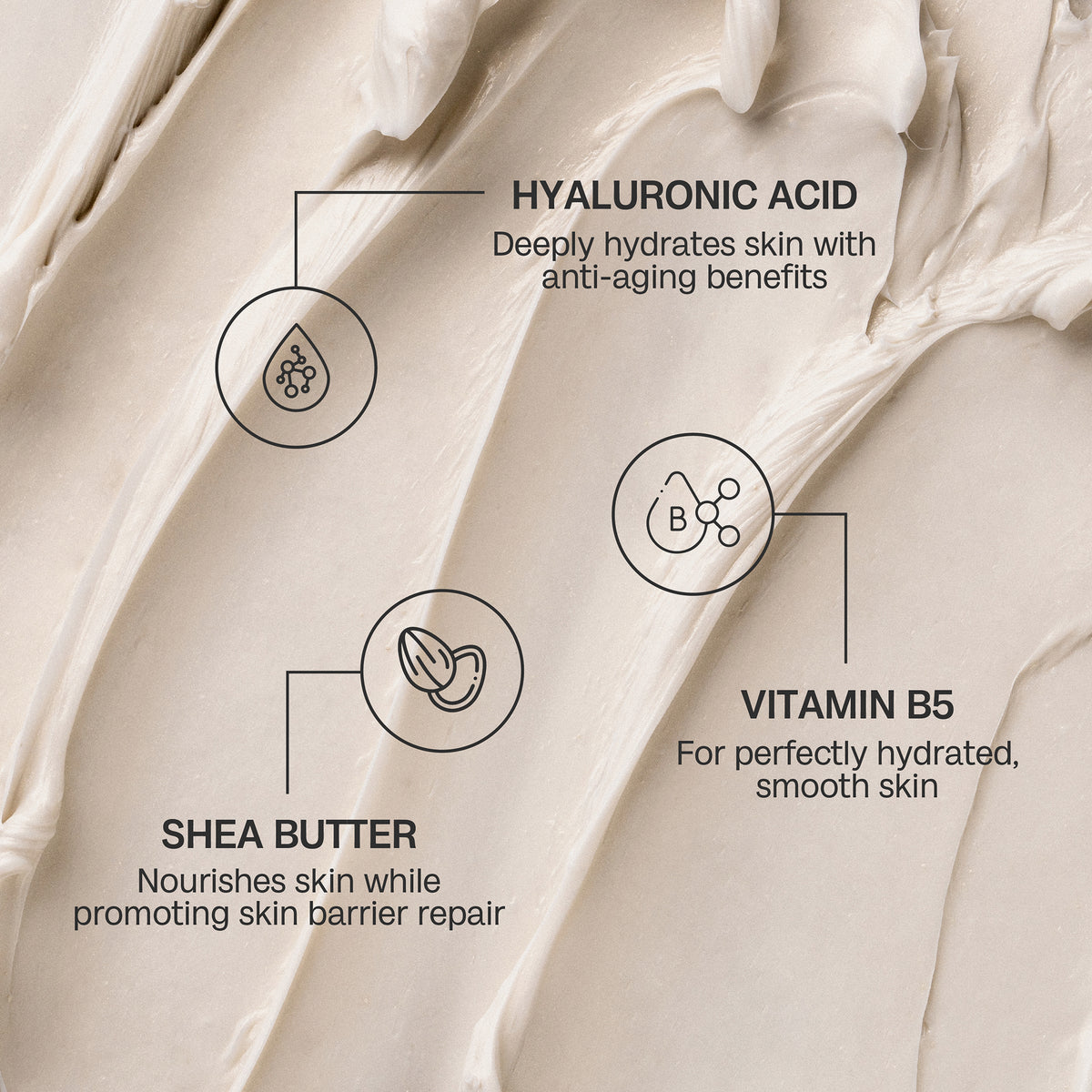 Cremiger Hintergrund mit Textblasen: Hyaluronsäure, Sheabutter, Vitamin B5 – nützliche Inhaltsstoffe der Gradual Tanning Butte