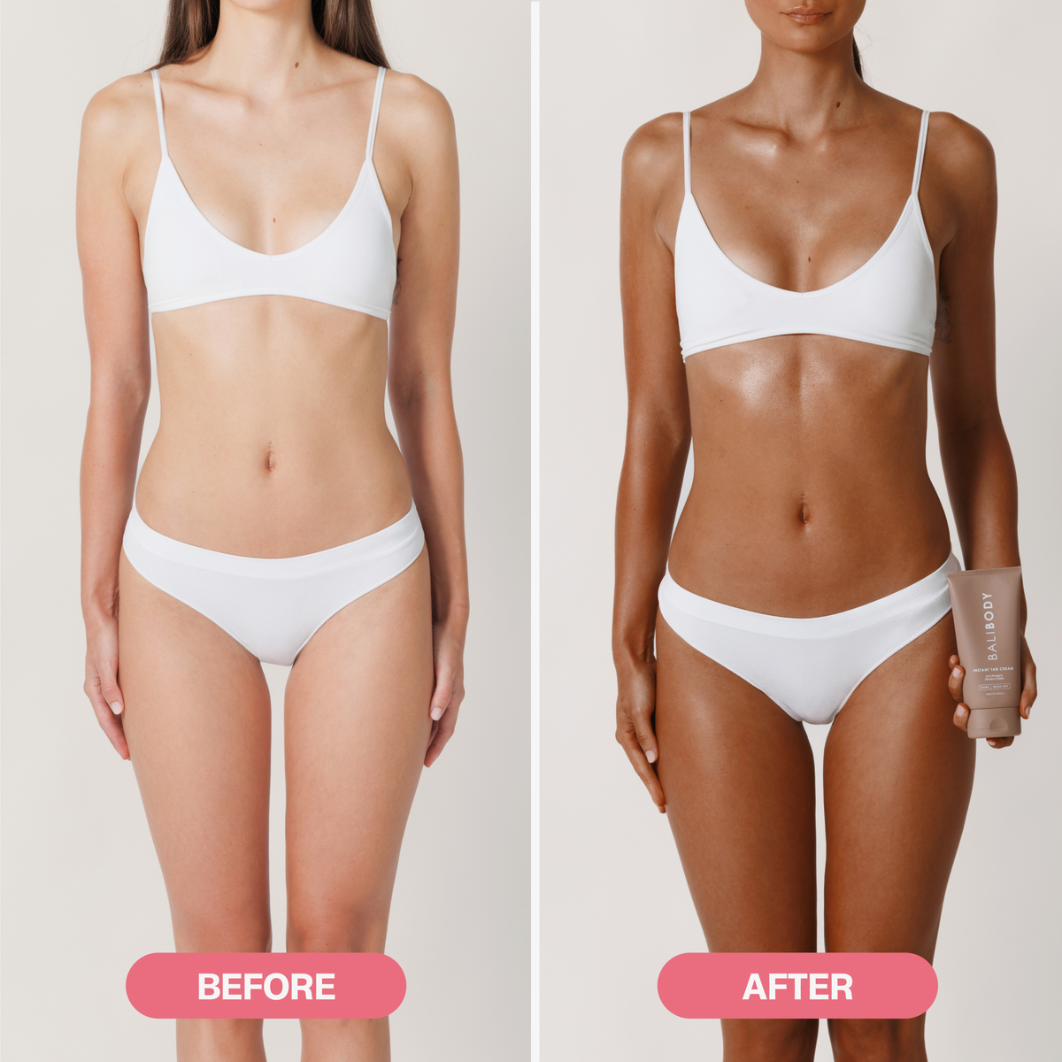 Vorher-Nachher-Foto einer Frau in weißer Unterwäsche, die das „Bali Body Mini Welcome Kit“ in der Hand hält; darauf sind hellere und dunklere Hauttöne zu sehen.