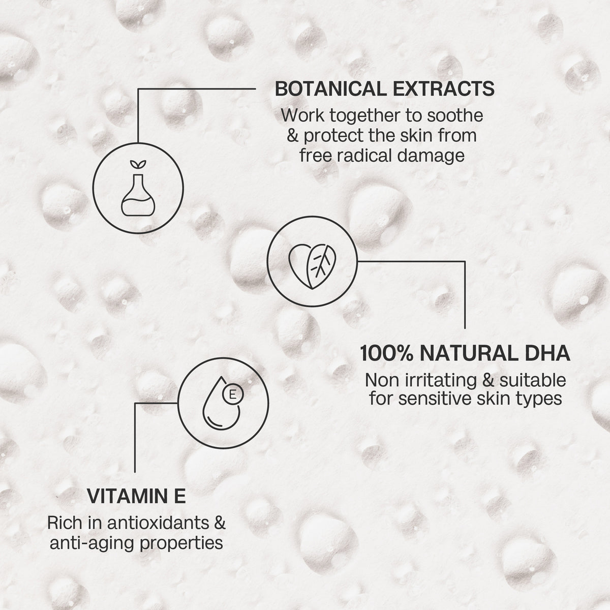 Text auf strukturiertem Hintergrund: Self Tan Body Mist mit Pflanzenextrakten, 100 % natürlichem DHA und Vitamin E