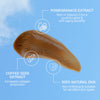 Ein Schaumklecks des Self Tanning Mousse 100 ml Dark auf blauem Hintergrund; dazu Infos zu Inhaltsstoffen.