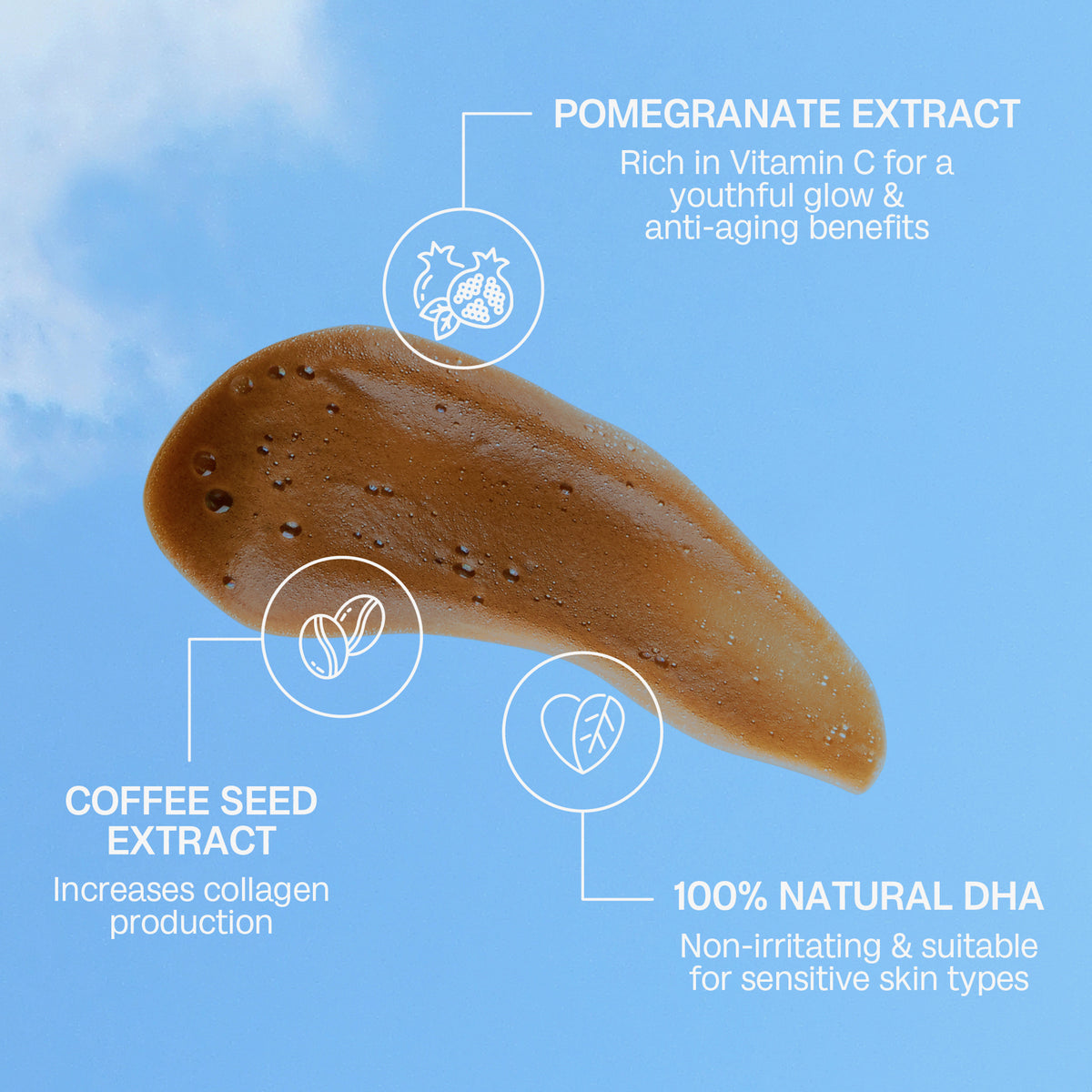 Ein Schaumklecks des Self Tanning Mousse 100 ml Dark auf blauem Hintergrund; dazu Infos zu Inhaltsstoffen.
