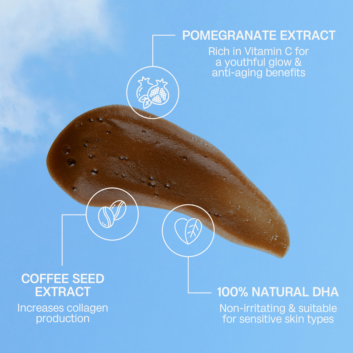 Ein Schaumklecks des Self Tanning Mousse 100 ml Ultra Dark auf blauem Hintergrund; dazu Infos zu Inhaltsstoffen.