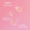Hellrosa Tropfen des Tanning Oil SPF 6 Watermelon auf rosa Hintergrund, dazu Info zu Inhaltsstoffen