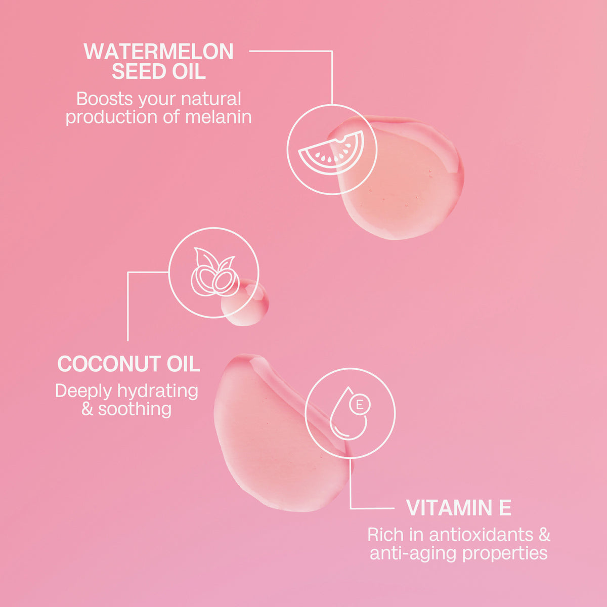 Hellrosa Tropfen des Tanning Oil SPF 6 Watermelon auf rosa Hintergrund, dazu Info zu Inhaltsstoffen