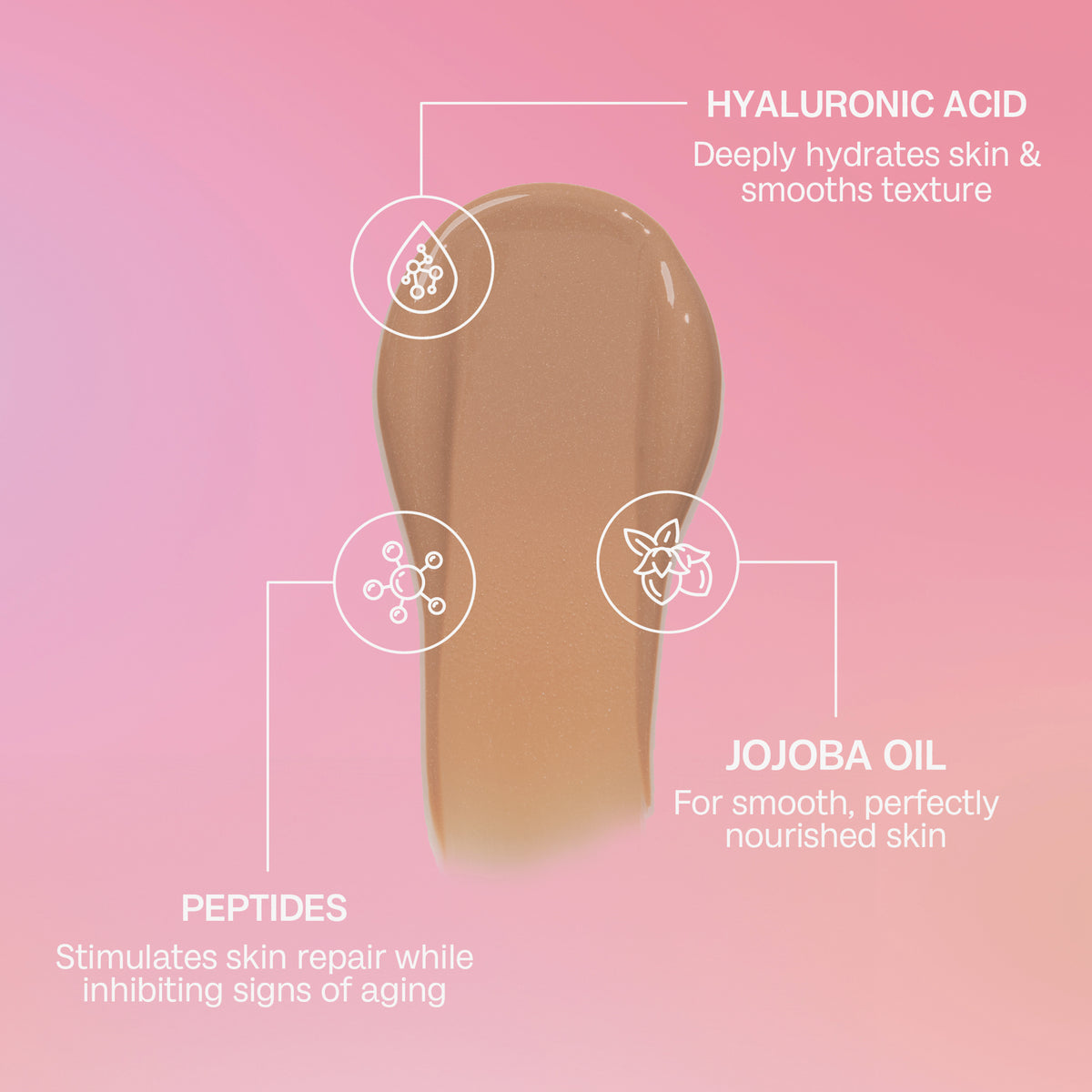 Hellbrauner Creme-Swatch Tinted Super Serum SPF 30 auf rosa Hintergrund, dazu Vorteile von Hyaluronsäure, Jojobaöl und Peptiden