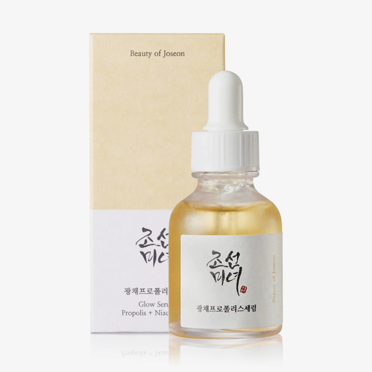 Tropfflasche und Verpackung des Glow Serum: Propolis+Niacinamid von Beauty of Joseon vor weißem Hintergrund