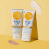 Zwei Tuben SPF 50+ Everyday Face Lotion auf einer gelben Oberfläche, daneben Lotion-Muster.