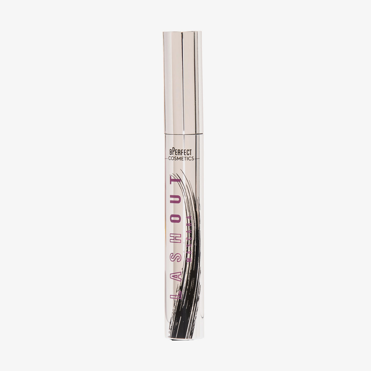 Silberne Tube Lash Out Mascara Brown von BPerfect Cosmetics mit rosa Text vor weißem Hintergrund.