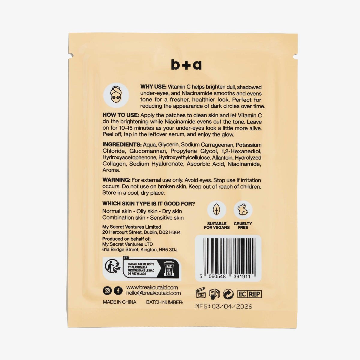 Rückseite einer quadratischen Packung mit Brighten + Even Tone – Hydrogel-Augenpads, auf der die Anwendungshinweise, Inhaltsstoffe, Warnhinweise und ein Barcode aufgeführt sind.