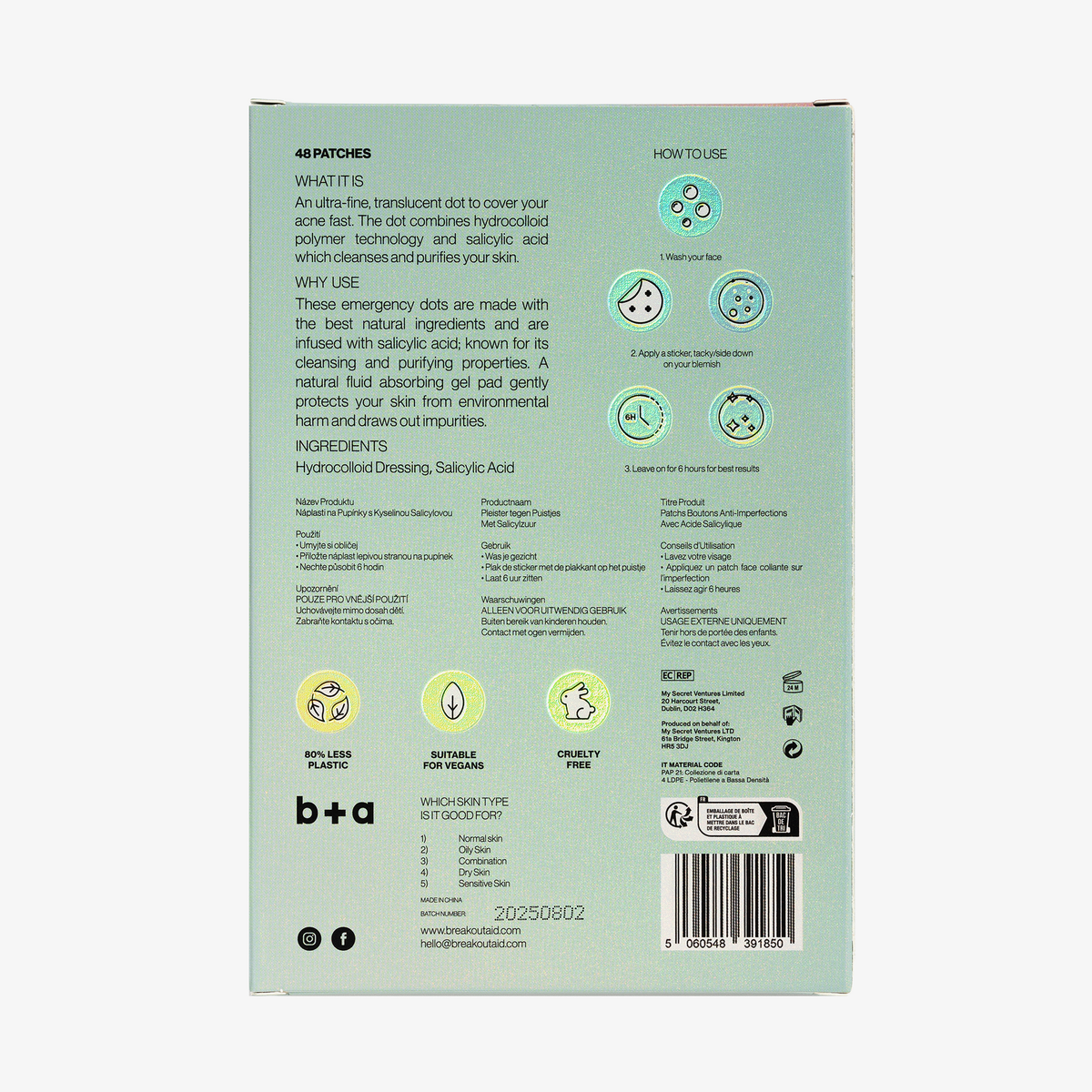 Rückseite der Produktverpackung von Breakout+Aid Cute Dots for Spots & Blemishes mit Gebrauchsanweisung, Inhaltsstoffliste und Anwendungssymbolen.