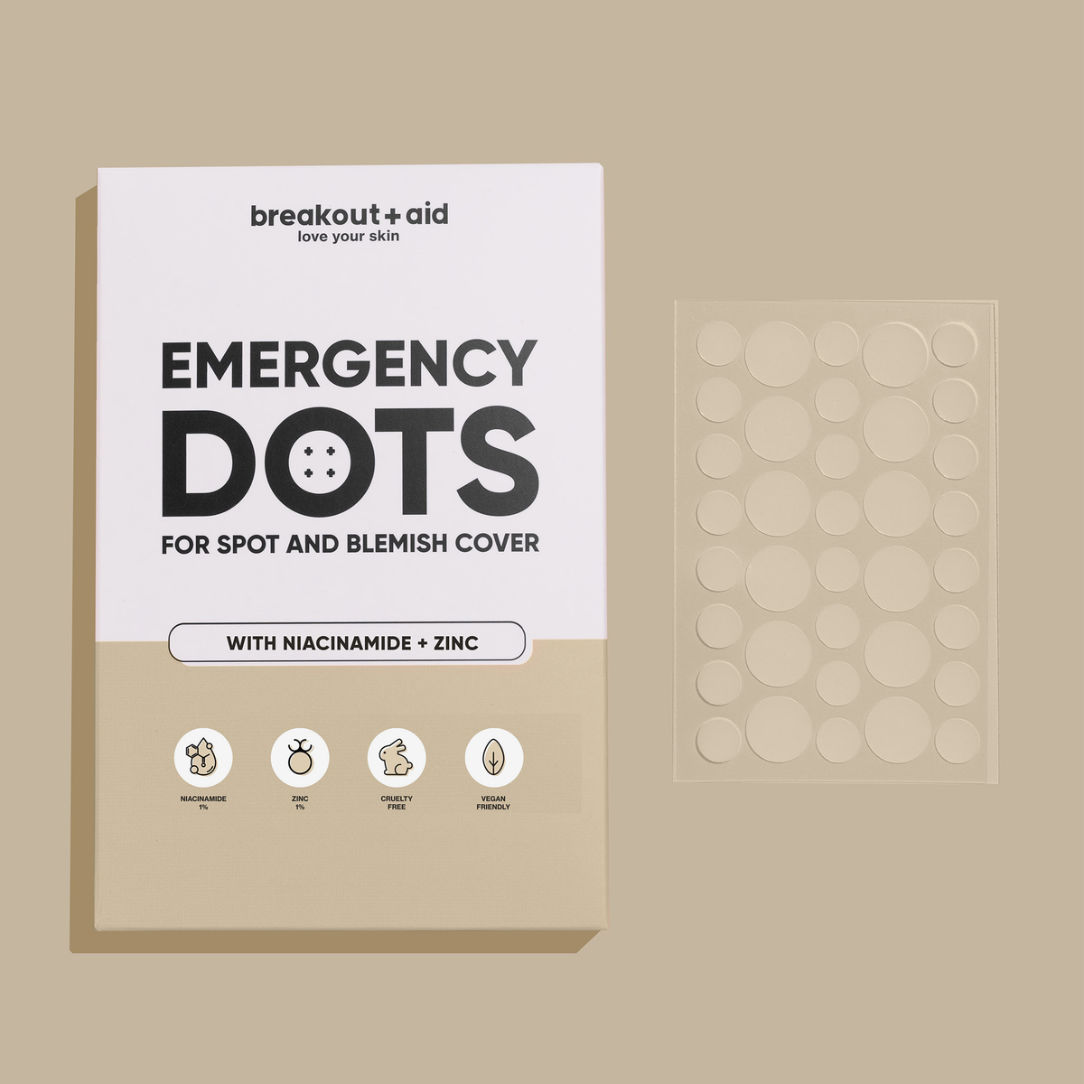Eine Packung Box of Dots for Spots mit Niacinamid und Zink neben einem Bogen mit durchsichtigen Klebepunkten.