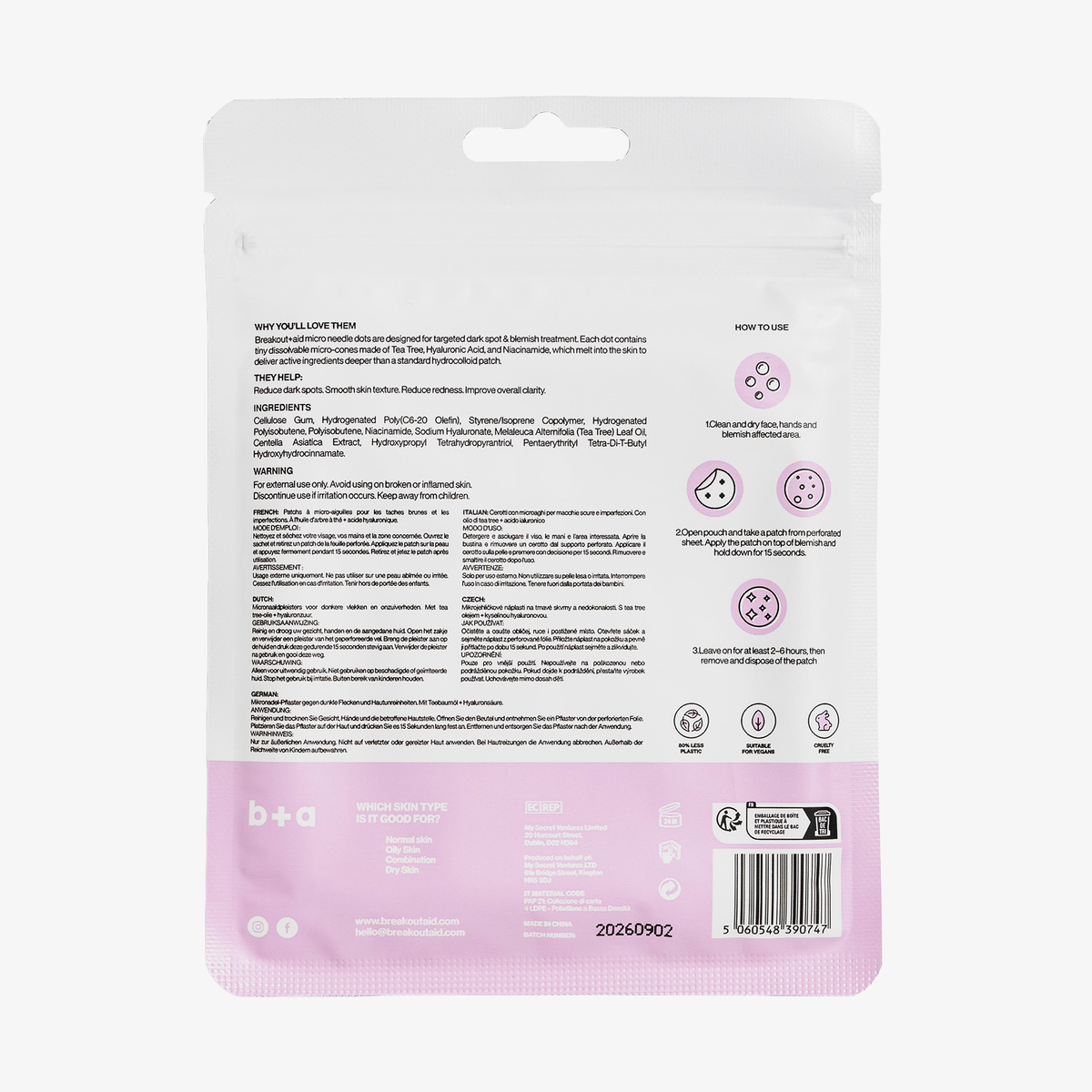 Rückseite der Verpackung eines Beutels mit Breakout+Aid Microneedle Dots for Dark Spots mit Anwendungshinweisen, Inhaltsstoffen und Warnhinweisen.