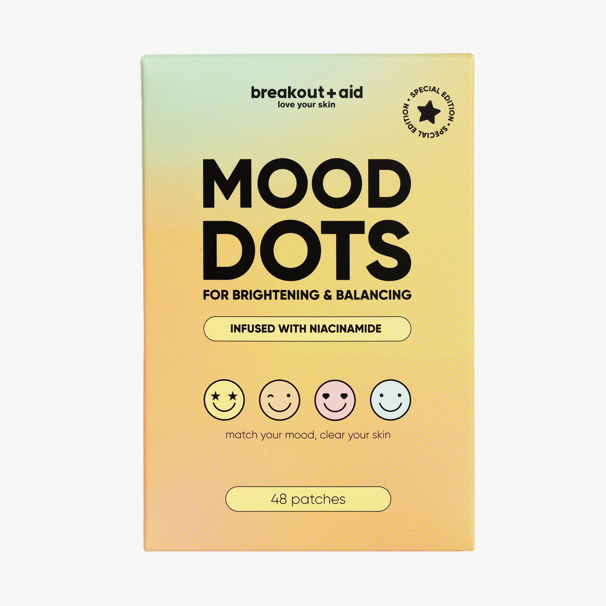 Mood Dots Akne-Pflaster in einer Schachtel mit einem Hintergrund mit Farbverlauf, vier Smiley-Symbolen und einem Text, der auf die Niacinamid-Anreicherung und 48 Pflaster hinweist.